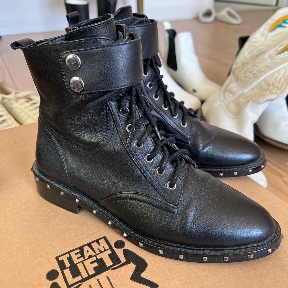 Vince Camuto Black Leather Studded Biker Ankle Boot Size 7.5